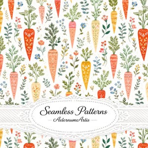 Pode incluir: Um padrão contínuo com cenouras em estilo aguarela em tons de laranja, amarelo e creme, intercaladas com pequenas flores silvestres azuis, cor-de-rosa e amarelas e folhagem verde sobre um fundo branco, com o texto Seamless Patterns AeternumArtis.