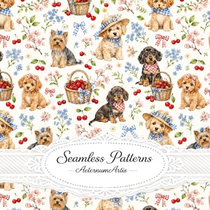 Cherry Blossom Dog Seamless Pattern, Spring Puppy Digital Paper, Cottagecore Pet Fabric Design, Floral Dog Wallpaper