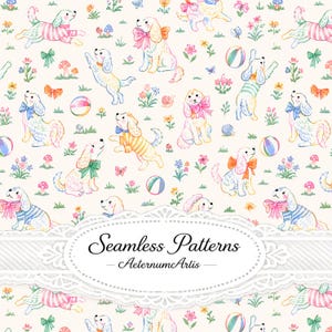 May include: A seamless pattern featuring illustrated white dogs with colorful bows, striped shirts, and beach balls, interspersed with small flowers, mushrooms, and butterflies on a cream background. Text reads Seamless Patterns AeternumArlis.