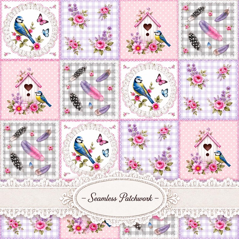 Peut inclure: Un motif de tissu patchwork sans couture compos&eacute; de carr&eacute;s r&eacute;p&eacute;titifs avec des oiseaux bleus, des roses roses, des brins de lavande, des nichoirs et des plumes color&eacute;es. Le design inclut des cadres circulaires en dentelle et une &eacute;tiquette ovale centrale.