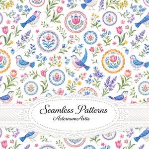 Scandinavian Folk Bird Seamless Pattern, Floral Plate Repeat Pattern, Cottagecore Botanical Fabric Print, Folk Art Digital Paper, Spring