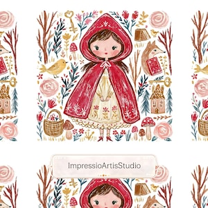Può includere: Illustrazione di una ragazza con un mantello rosso, circondata da elementi della foresta. L'opera presenta una ragazza con un mantello rosso, un vestito bianco e un motivo floreale. Lo sfondo include alberi, fiori, funghi e una volpe. Il testo "ImpressioArtisStudio" è in basso.