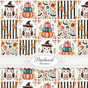 May include: A seamless patchwork pattern featuring repeating squares of owls wearing witch hats, stacks of colorful pumpkins, black bats, and orange and teal floral arrangements on black and white striped backgrounds. A white lace banner reads Patchwork - Seamless.
