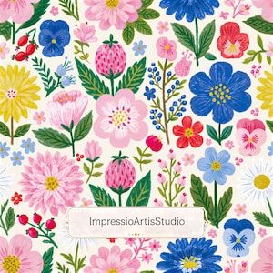 Pode incluir: Um padrão floral vibrante com uma variedade de flores coloridas, incluindo flores rosa, azuis, amarelas e vermelhas, sobre um fundo creme. O design inclui morangos e várias formas de folhas. O texto "ImpressioArtisStudio" é exibido.