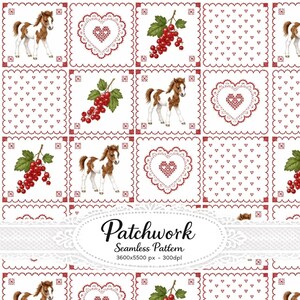 Pony Patchwork Seamless Pattern, Red Berry Quilt Fabric, Folk Farmhouse Digital Paper