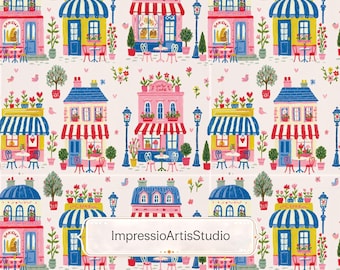 Seamless Pattern Parisian Cafe Village, French Bakery Fabric Pattern, Whimsical Town Print, Cottagecore Wallpaper, Boutique Shop Digital
