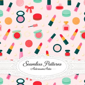 Op de afbeelding: Een naadloos patroon op een lichtroze achtergrond met diverse make-up artikelen, waaronder rode en roze lippenstiften, nagellakflesjes, compacte spiegels, parfumflesjes en rode strikken, afgewisseld met kleine witte, parelachtige cirkels.