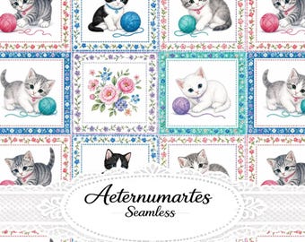 Patrón sin costuras de patchwork de gatitos, diseño floral de tela para edredón de gatos, papel digital Cottagecore Kitty