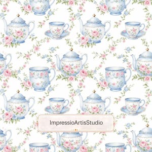 Pode incluir: Um padrão repetido de bules, xícaras e canecas azuis claros adornados com rosas rosa e azuis e vinhas florais em um fundo branco. O texto "ImpressioArtisStudio" está em uma faixa na parte inferior.