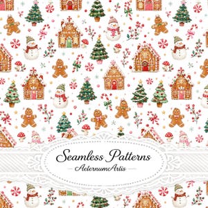 Könnte beinhalten: Ein nahtloses Muster mit Aquarellillustrationen von Lebkuchenhäusern, Schneemännern, Weihnachtsbäumen, Zuckerstangen und Pilzen auf weißem Grund. Ein zentrales weißes ovales Etikett enthält den Text Seamless Patterns AeternumArtis.