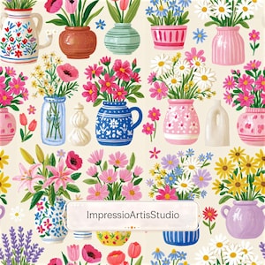 Pode incluir: Um padrão de vários vasos cheios de flores coloridas, incluindo margaridas, tulipas e lírios. Os vasos são de diferentes formas e cores, como rosa, azul e castanho. O texto "ImpressioArtisStudio" está num retângulo branco.