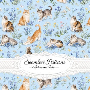 Pode incluir: Um padrão de tecido azul claro apresentando vários gatos em diferentes poses, incluindo sentados, espreguiçando-se e deitados, intercalados com pequenas flores silvestres amarelas e azuis e borboletas. O texto Seamless Patterns AeternumArtis está centrado.