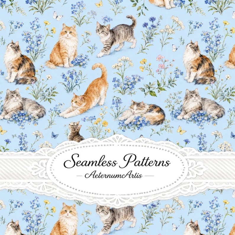 Cat Seamless Pattern Watercolor Floral Cats Design Cottagecore Kitten cat-seamless-pattern-watercolor-floral-cats-design-cottagecore-kitten