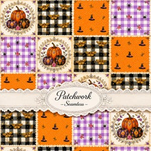 Può includere: Un design in tessuto patchwork senza cuciture con quadrati ripetuti di zucche arancioni in cornici circolari ornate, motivo a quadri bianco e nero con falene dorate, arancione con cappelli da strega neri e vichy viola con ragni e rose.