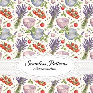 Pode incluir: Um padrão contínuo com ilustrações em aguarela de ramos de alfazema, tomates cereja vermelhos em rama, dentes de alho e taças de cor violeta claro sobre um fundo creme. Uma etiqueta oval de renda branca apresenta o texto Seamless Patterns AeternumArtis.