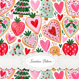 Pode incluir: Um padrão contínuo com ilustrações pintadas de biscoitos em forma de coração, morangos, árvores de Natal e bonecos de gengibre em tons de vermelho, rosa e verde. Uma faixa de renda branca com o texto Seamless Pattern está no centro.