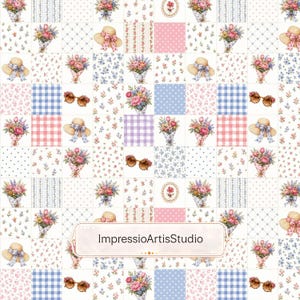 May include: A repeating pattern of square tiles featuring illustrations of straw hats with ribbons, bouquets of colourful flowers, brown sunglasses, and various geometric prints including gingham, polka dots, and stripes. The text ImpressioArtisStudio is centred.