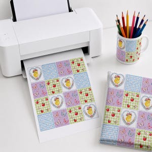 Spring Chick Patchwork Seamless Pattern, Easter Bunny Digital Paper, Butterfly Apple Gingham Fabric Print, Cottagecore Quilt, 3600x3600 px image 4