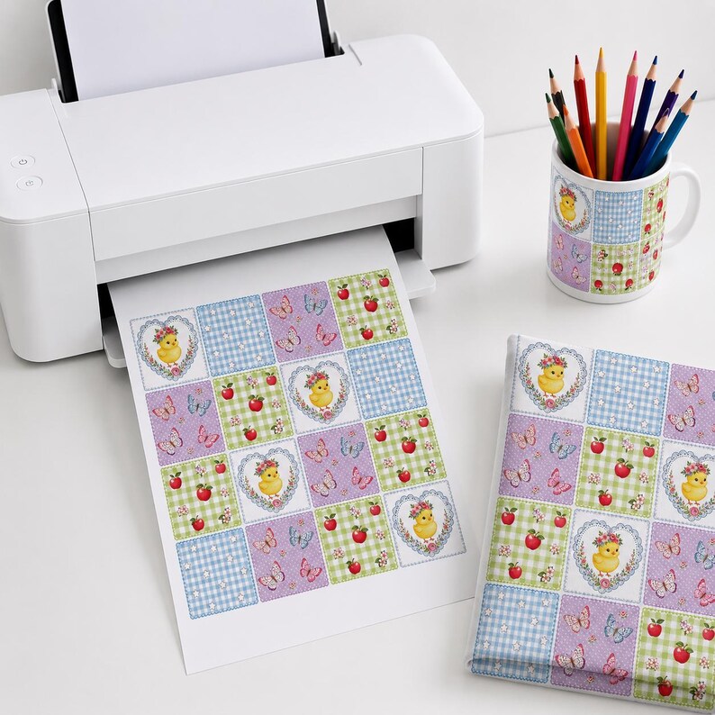 Spring Chick Patchwork Seamless Pattern, Easter Bunny Digital Paper, Butterfly Apple Gingham Fabric Print, Cottagecore Quilt, 3600x3600 px image 4