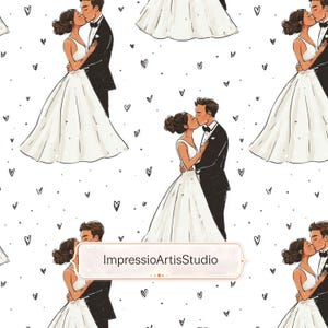 Pode incluir: Um padrão repetido com ilustrações de um casal se beijando, a noiva em um vestido de noiva branco e o noivo em um smoking preto. Pequenos corações pretos estão espalhados no fundo branco. O texto "ImpressioArtisStudio" está em uma faixa.