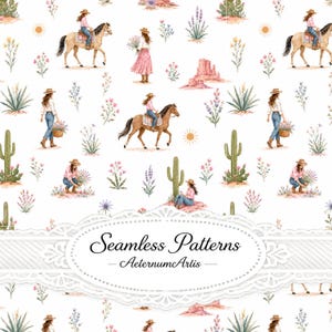 Pode incluir: Um padrão contínuo com ilustrações em aguarela de cowgirls com chapéus, cavalos, catos, formações rochosas desérticas, alfazema e pequenas flores silvestres num fundo branco. O texto Seamless Patterns AeternumArtis está centrado.