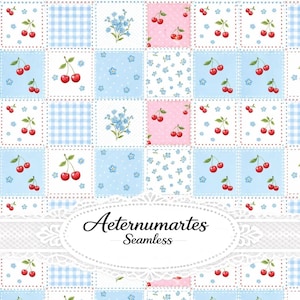 May include: A seamless fabric pattern featuring a grid of squares with alternating designs of red cherries, blue forget-me-not flowers, and light blue gingham checks. An oval white lace frame overlays the center with the text Aeternumartes Seamless.