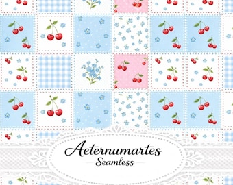 Cherry Patchwork Seamless Pattern, Blue Floral Quilt Fabric Design, Cottagecore Digital Paper