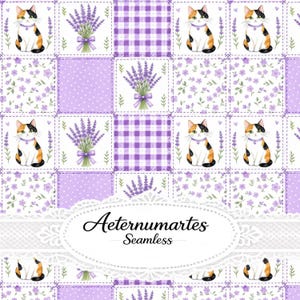 May include: A seamless pattern featuring a patchwork grid of calico cats, lavender bouquets, purple gingham, and small purple floral prints. A white lace-edged oval label in the center displays the black text Aeternumartes Seamless.