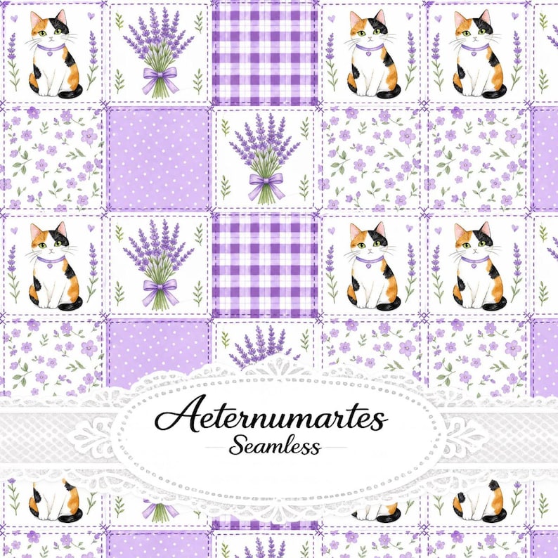 May include: A seamless pattern featuring a patchwork grid of calico cats, lavender bouquets, purple gingham, and small purple floral prints. A white lace-edged oval label in the centre displays the black text Aeternumartes Seamless.