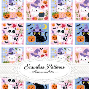 May include: A repeating digital pattern featuring white and black cats wearing purple witch hats, orange jack-o'-lanterns, ghosts, bats, and autumn leaves on a plaid background. The image includes a central white label with the text Seamless Patterns AeternumArtis.