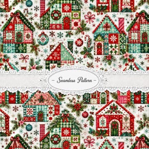 Op de afbeelding: Een naadloos patroon met een herhalend ontwerp van huizen met rode en groene patchwork-texturen, versierd met sneeuwvlokken, hulst, zuurstokken en kerstballen op een witte achtergrond, met de tekst Seamless Pattern.