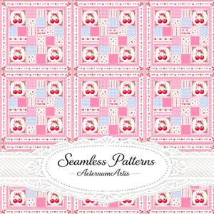 May include: A seamless pattern featuring a grid of pink and blue checkered squares interspersed with squares displaying red cherries tied with pink bows. The text Seamless Patterns AeternumArtis is centered in a white decorative oval frame.