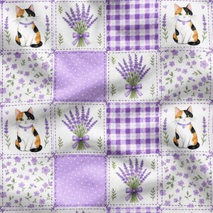 May include: A fabric pattern featuring a repeating grid of squares. The design includes illustrations of calico cats with purple collars, bouquets of lavender tied with purple ribbons, purple gingham checks, and white polka dots on purple.