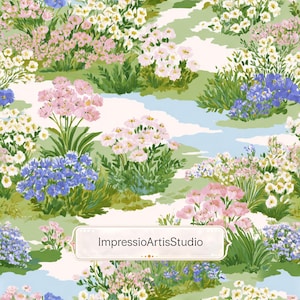 Pode incluir: Um padrão floral com uma cena de jardim com flores rosa, brancas e azuis, folhagem verde e um riacho azul claro. O texto "ImpressioArtisStudio" é exibido em uma faixa branca na parte inferior.