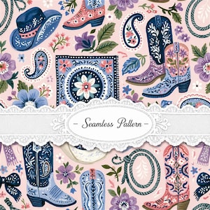 Nahtloses Cowgirl-Muster, digitales Papier mit floralen Cowboy-Stiefeln für Westernstoffe, Tapeten und Geschenkpapier