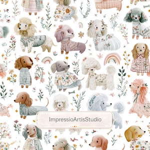 Pode incluir: Ilustração em aquarela com um padrão repetido de várias raças de cães, incluindo poodles e dachshunds, vestidos com roupas florais e estampadas. O design inclui detalhes florais, arco-íris e o texto "ImpressioArtisStudio" em um fundo branco.
