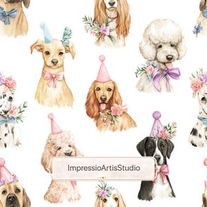 Pode incluir: Padrão aquarela repetido com várias raças de cães, cada um adornado com chapéus de festa, enfeites florais e laços. Os cães são em tons de marrom, branco e preto, sobre um fundo branco. O texto "ImpressioArtisStudio" está presente.