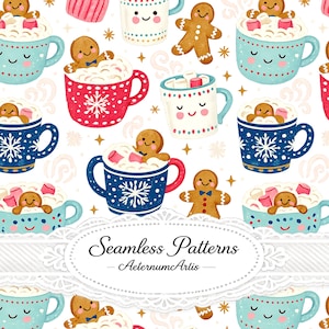 Pode incluir: Um padrão repetitivo com ilustrações em aguarela de canecas sorridentes cheias de chocolate quente, marshmallows e bolachas de gengibre. As canecas são vermelhas, azuis e brancas com flocos de neve. Texto: Seamless Patterns AeternumArtis.