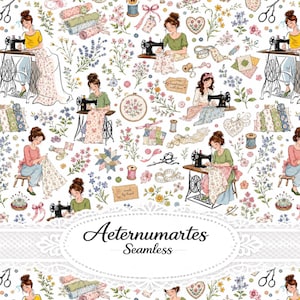 Pode incluir: Um padrão sem costuras com ilustrações de pessoas a usar máquinas de costura vintage, rolos de tecido, tesouras, carretéis de linha e motivos florais num fundo branco. O texto Aeternumartes Seamless está centrado numa moldura oval.
