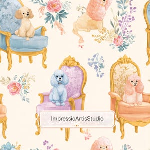 Pode incluir: Padrão aquarela repetido com poodles sentados em cadeiras ornamentadas. As cadeiras são em tons de azul, rosa e pêssego, com detalhes dourados. Arranjos florais e o texto "ImpressioArtisStudio" também estão presentes.