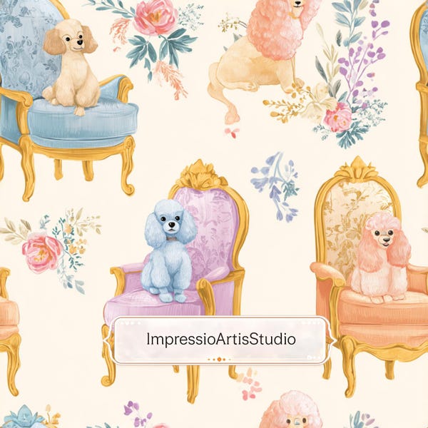 Elegant Poodle Seamless Pattern | Chair Watercolor Print | Luxury Dog Floral Repeat Design | Printable Digital Paper | 12x12 JPG 300 DPI
