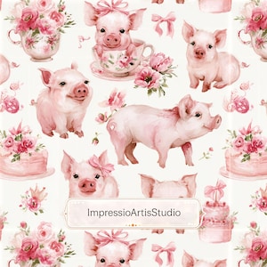 Pode incluir: Padrão em aquarela com porcos cor-de-rosa, xícaras de chá, bolos e arranjos florais. Os porcos usam laços, e as xícaras e bolos são decorados com rosas cor-de-rosa. O padrão tem uma estética suave e feminina.