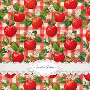 Apple Blossom Gingham Seamless Pattern, Vintage Red Apples Digital Paper, Cottagecore Picnic Fabric Print, Farmhouse Floral Background