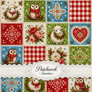 Christmas Seamless Pattern, Lamb Owl Patchwork Digital Paper, Holiday Quilt Fabric Print, 3600x3600 JPG 300 DPI