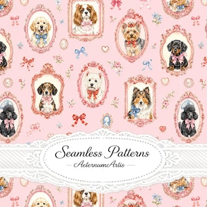 Dog Portrait Seamless Pattern, Pink Puppy Frame Repeat Pattern, Grandmillennial Pet Fabric Print, Cottagecore Dog Digital Paper