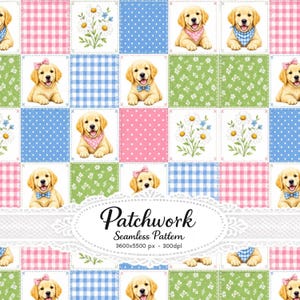 Könnte beinhalten: Ein nahtloses Patchwork-Muster mit Illustrationen von Golden Retriever Welpen, Gänseblümchen und verschiedenen Hintergründen wie rosa Vichy-Karo, blauen Punkten, grünen Blumenmustern und blauem Karo. Text: Patchwork Seamless Pattern 3600x5500 px - 300dpl.