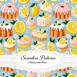 Pode incluir: Um padrão contínuo sobre fundo azul claro com ilustrações de bolos bundt com cobertura rosa ou branca, fatias de limão, cupcakes e fatias de bolo decoradas com margaridas. Uma etiqueta branca com borda de renda exibe o texto Seamless Patterns AeternumArtis.