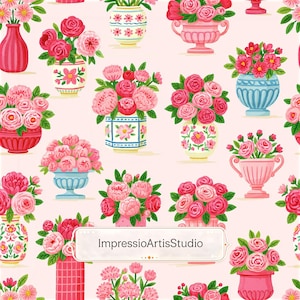 Pode incluir: Um padrão repetitivo de vasos cheios de flores rosa e vermelhas sobre um fundo rosa claro. Os vasos têm diferentes formas e estilos, com desenhos florais e geométricos. O texto "ImpressioArtisStudio" é exibido em uma faixa branca.