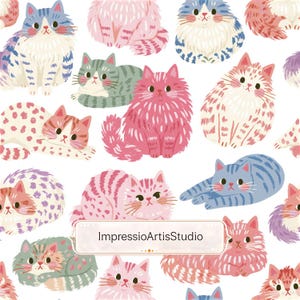 Pode incluir: Um padrão repetido de gatos ilustrados em várias cores, incluindo rosa, azul e verde, sobre um fundo branco. Os gatos têm diferentes poses e padrões, alguns deitados e outros sentados. O texto "ImpressioArtisStudio" está em uma faixa.