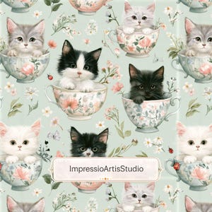May include: A repeating pattern featuring kittens in floral teacups. The kittens are various colors, including black, white, and gray. The teacups have a floral design with pink and green accents, set against a light green background. The image includes the text "ImpressioArtisStudio".